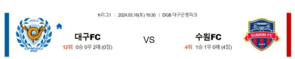 K리그 1 2024년 3월16일 16:30 대구FC VS 수원FC
